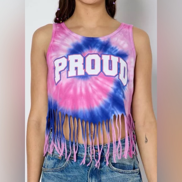 Spencer's Tops - Proud Tie-Dye Fringe Tank Top - Pink and Blue sz L
